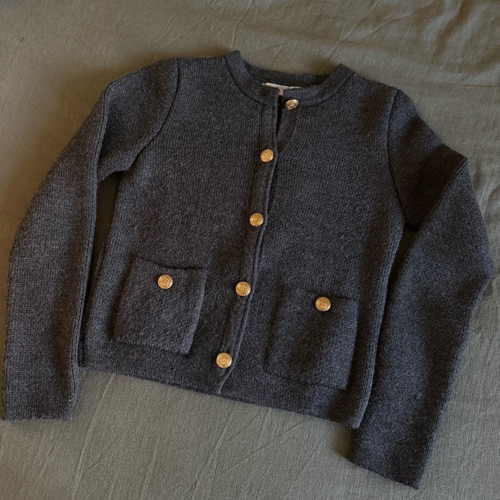 ZARA Dark Gray Knit Cardigan Jacket with Gold Buttons